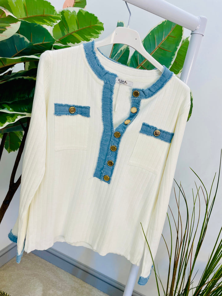 LADIES WHITE RIBBED KNIT, DENIM EDGE TOP JUMPER