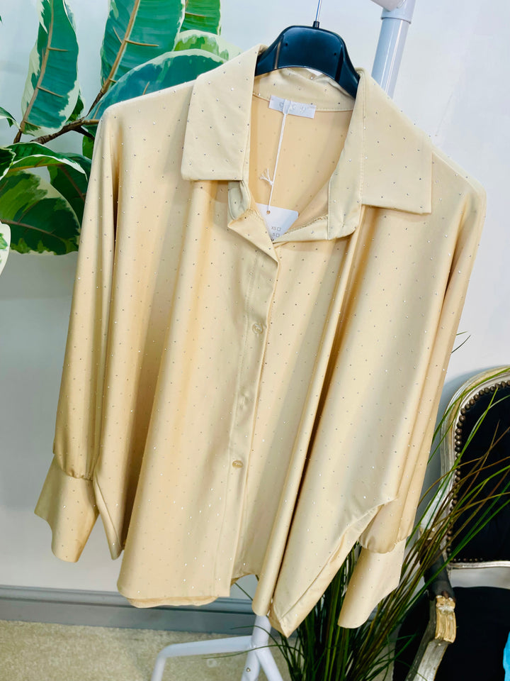 LADIES SPARKLY STRETCH BLOUSE SHIRT - WHITE, BLACK, CHAMPAGNE