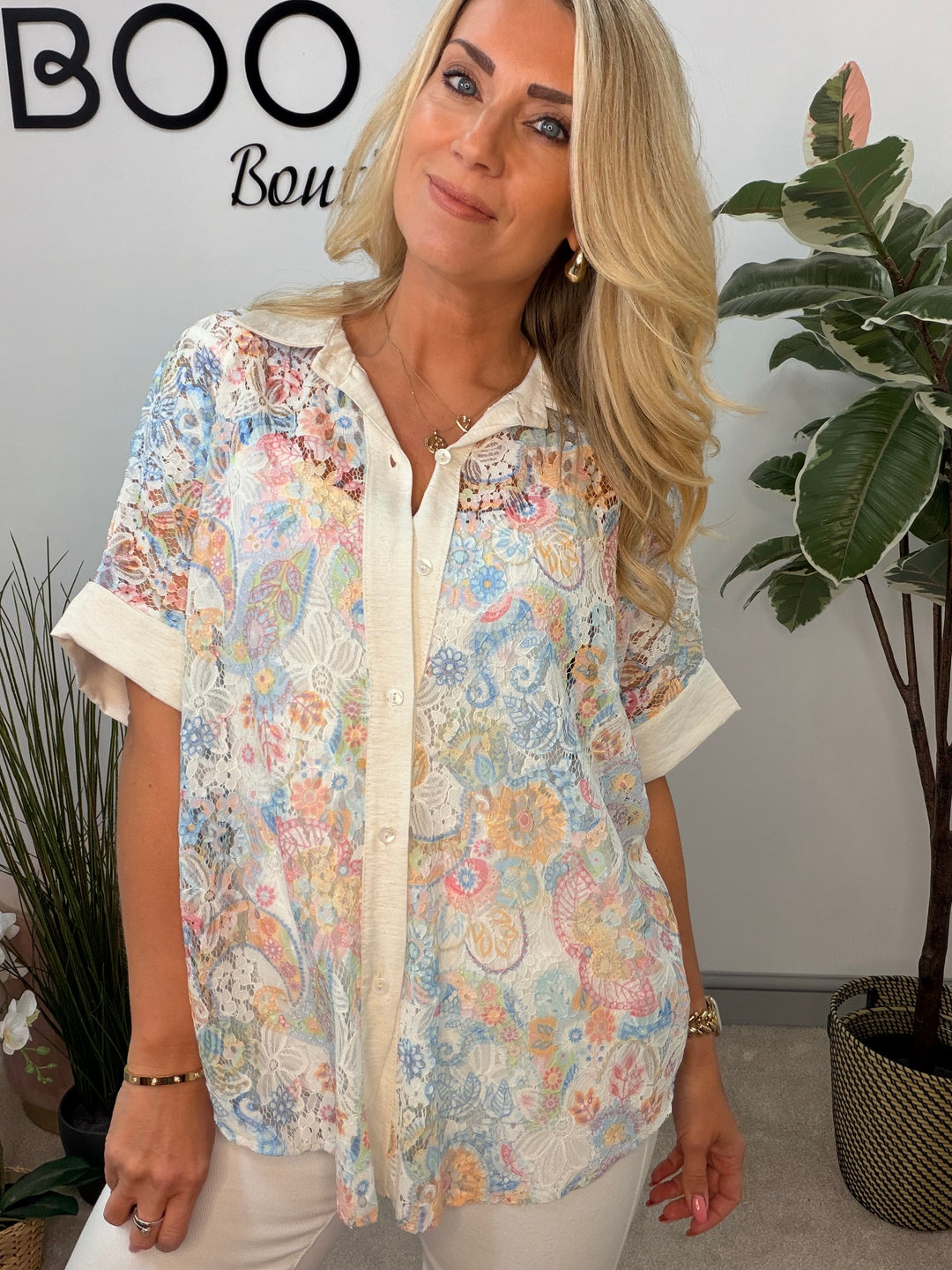 Ladies Lace Loose Fit Top Blouse - Pale Blue & Navy