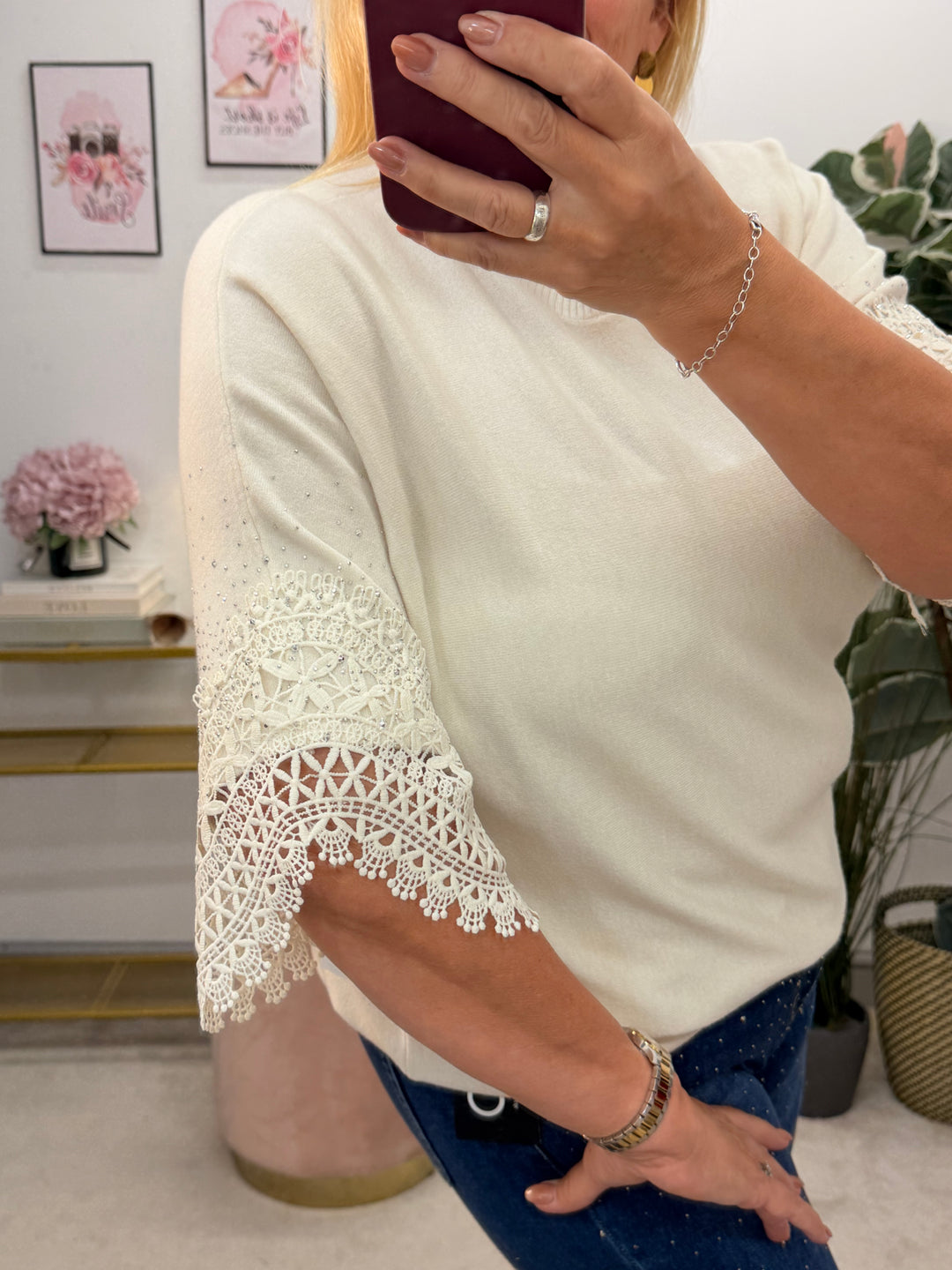 Ladies Diamante & Lace Short Sleeve Jumper - Black, Cream & Red