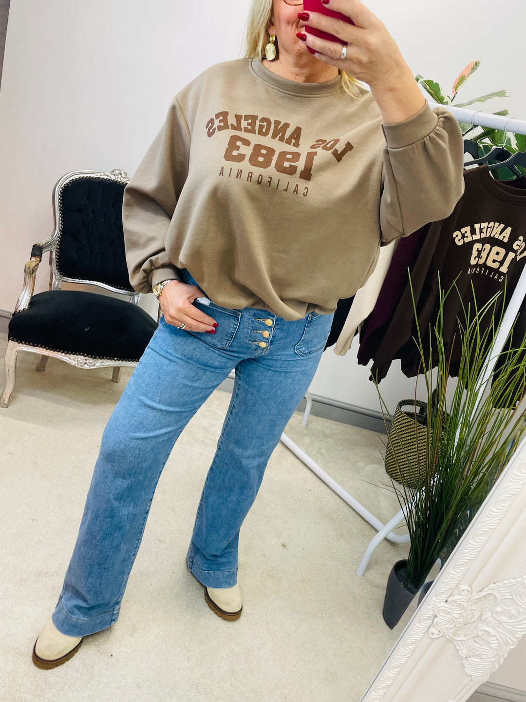 LADIES LIGHT DENIM WIDE LEG BUTTON FLY JEANS