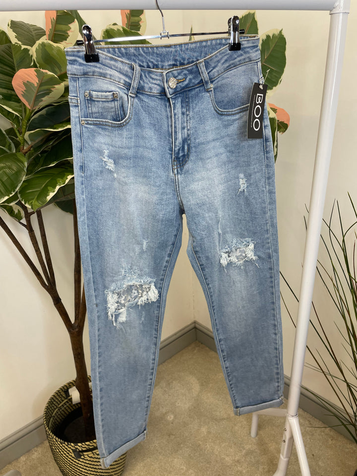 LADIES FASHION LIGHT BLUE DISTRESSED LACE JEANS