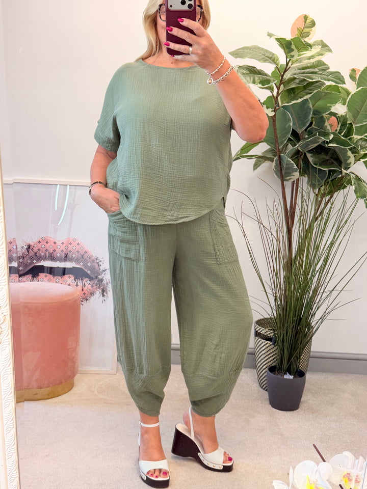 Ladies Cheesecloth Harem Trouser Co Ord - Black, Lemon, Coral, Pink, Blue, Khaki, Beige & Brown