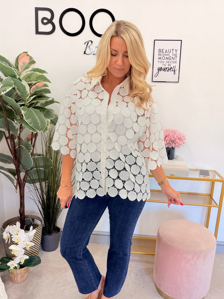 Ladies White Disc Crochet Shirt Top