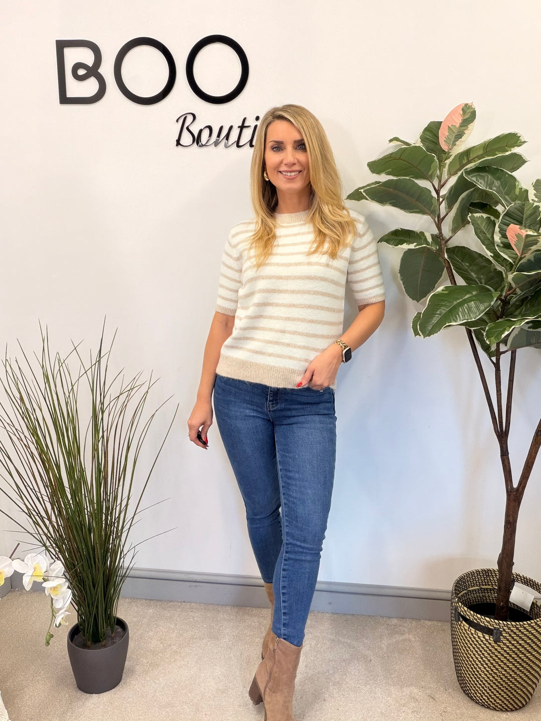 LADIES CREAM STRIPED SHORT SLEEVE JUMPER - PINK, BLUE & BEIGE