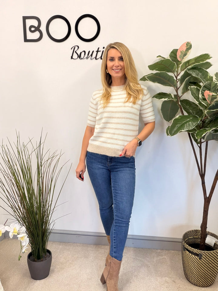 LADIES CREAM STRIPED SHORT SLEEVE JUMPER - PINK, BLUE & BEIGE