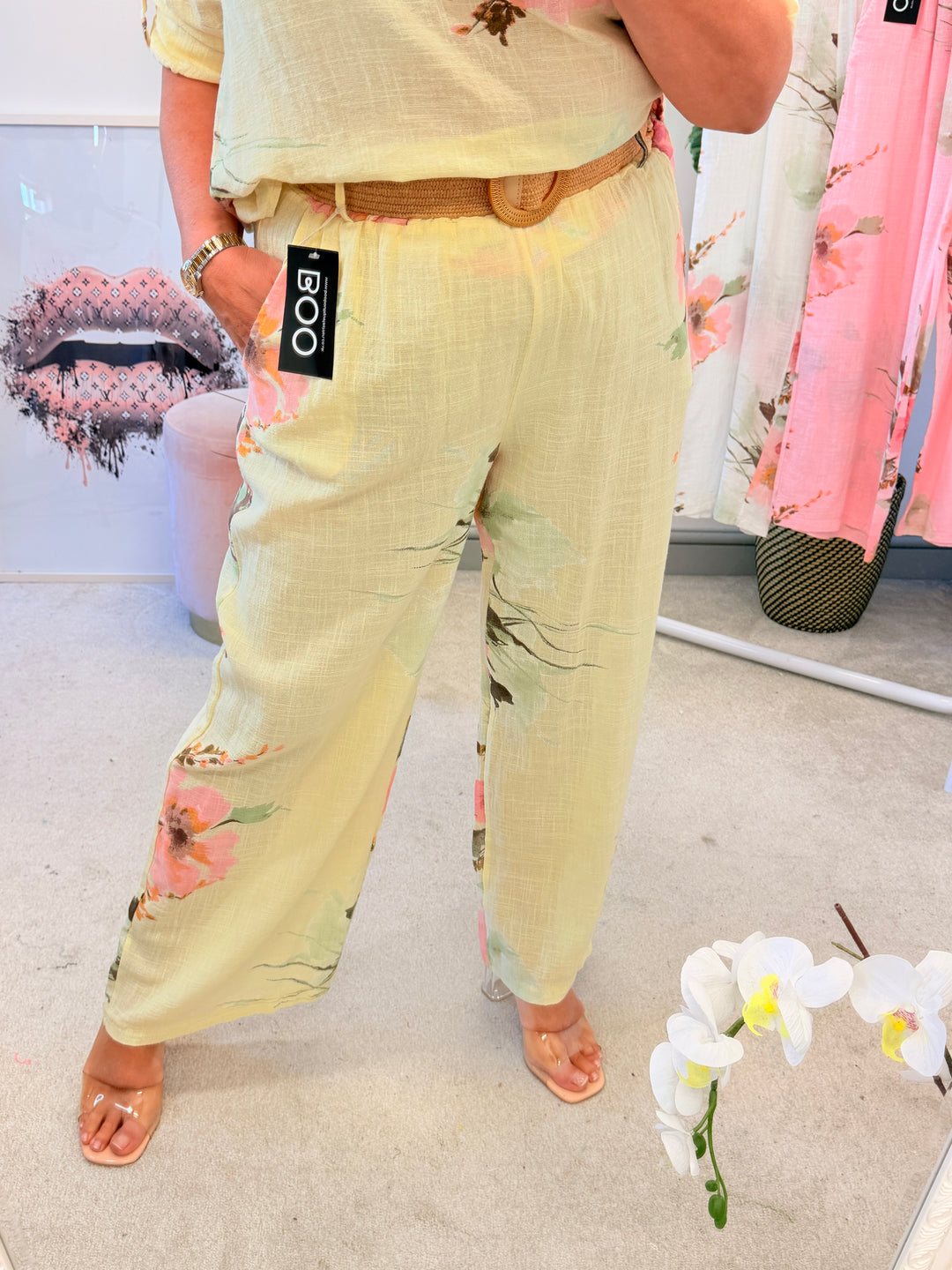 Ladies Fashion Flower Print Light Linen Wide Leg Trousers - White, Pink & Lemon