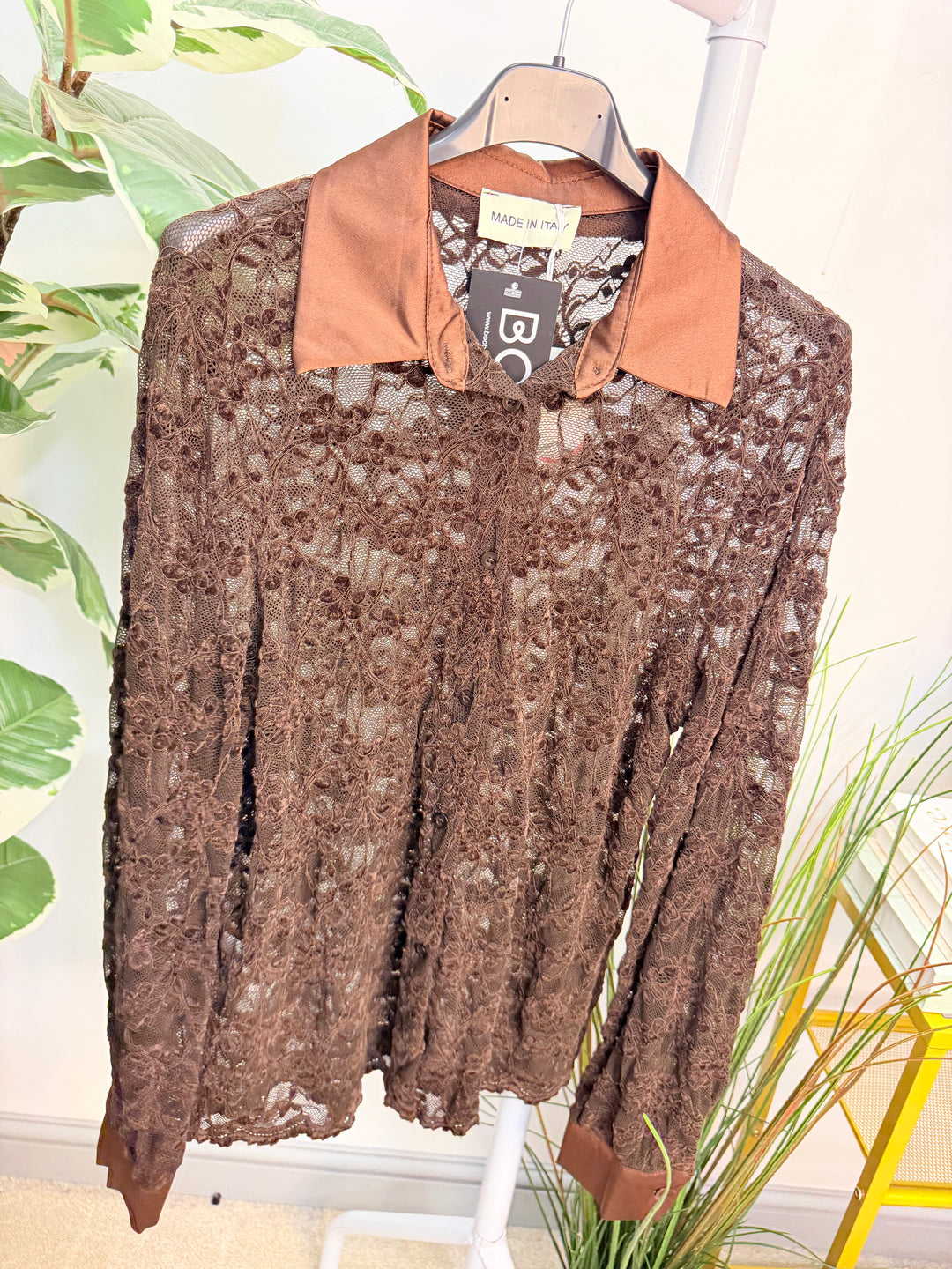 Womens Sheer Lace Satin Collar Blouse - Black, Navy, Beige, Brown