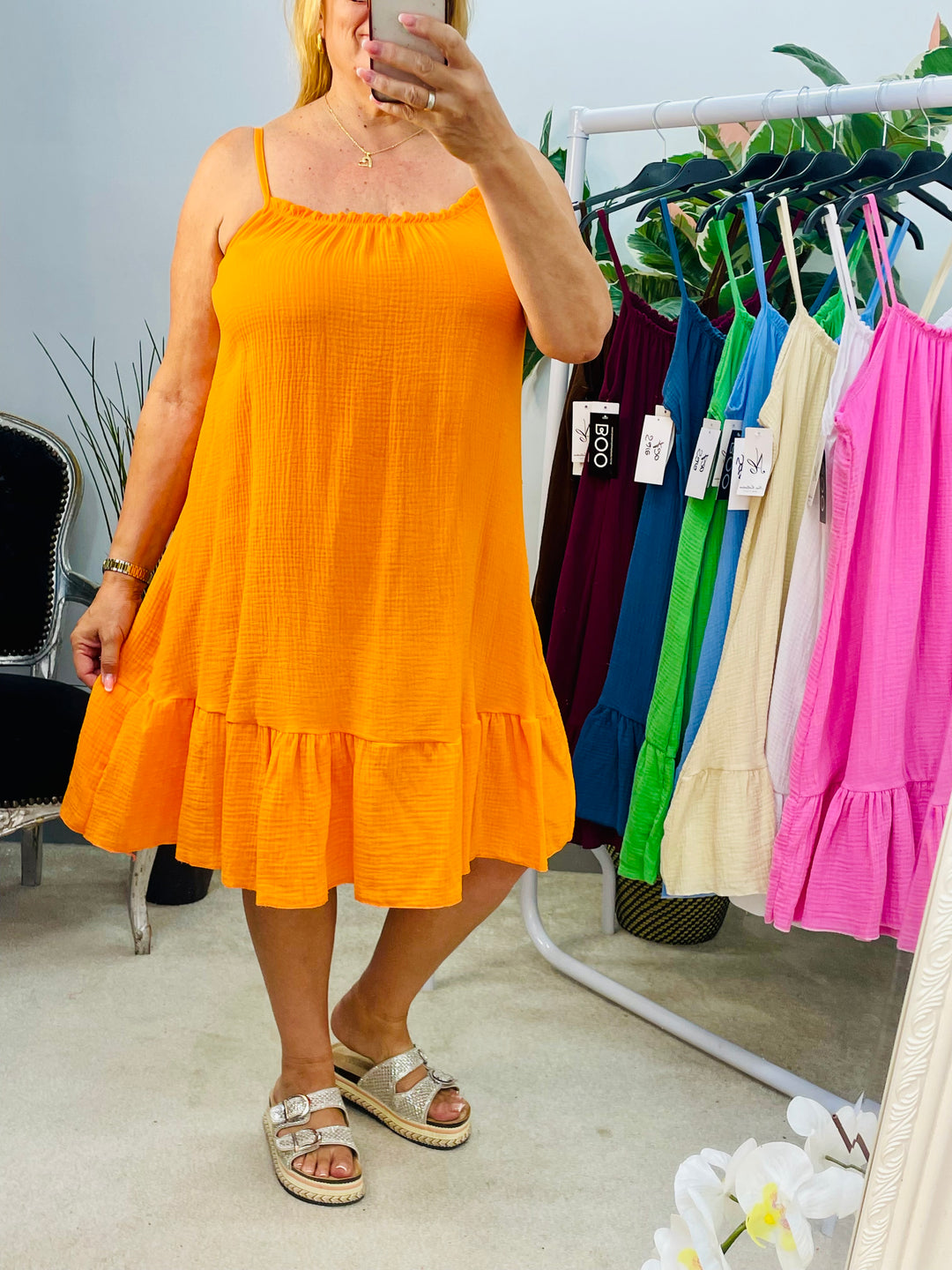 LADIES CHEESECLOTH SUMMER CAMI DAY DRESS - ORANGE