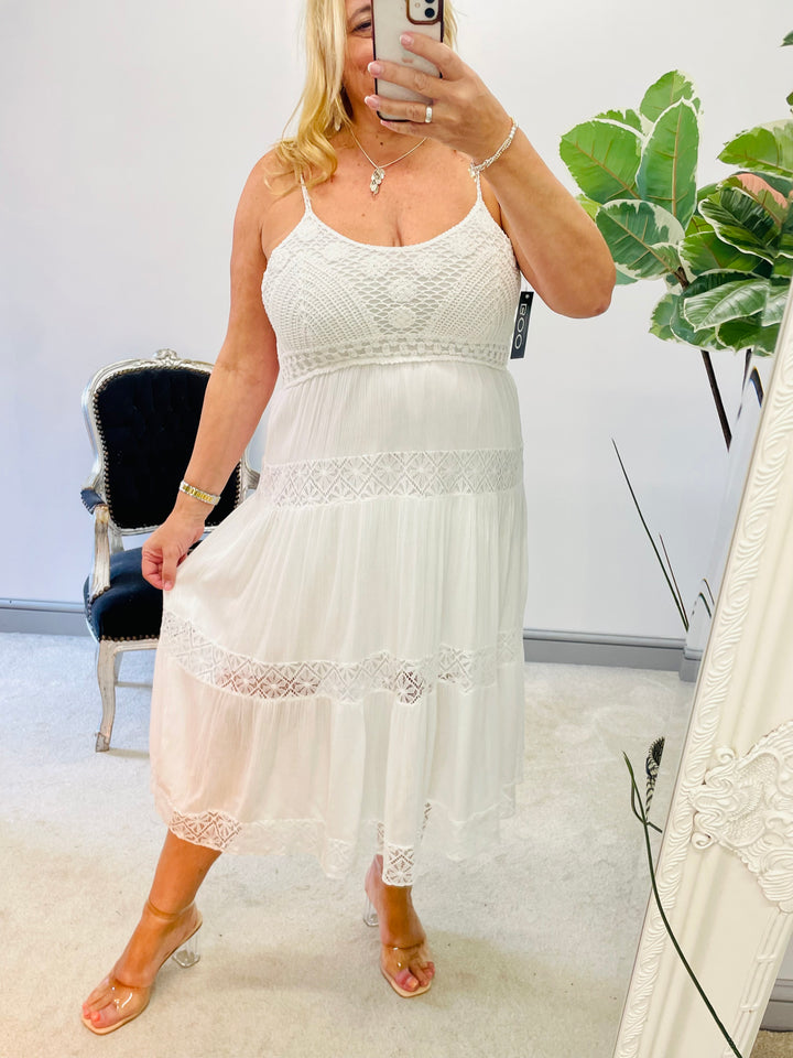 LADIES WOMENS CREAM WHITE BOHO SUMMER CROCHET DRESS