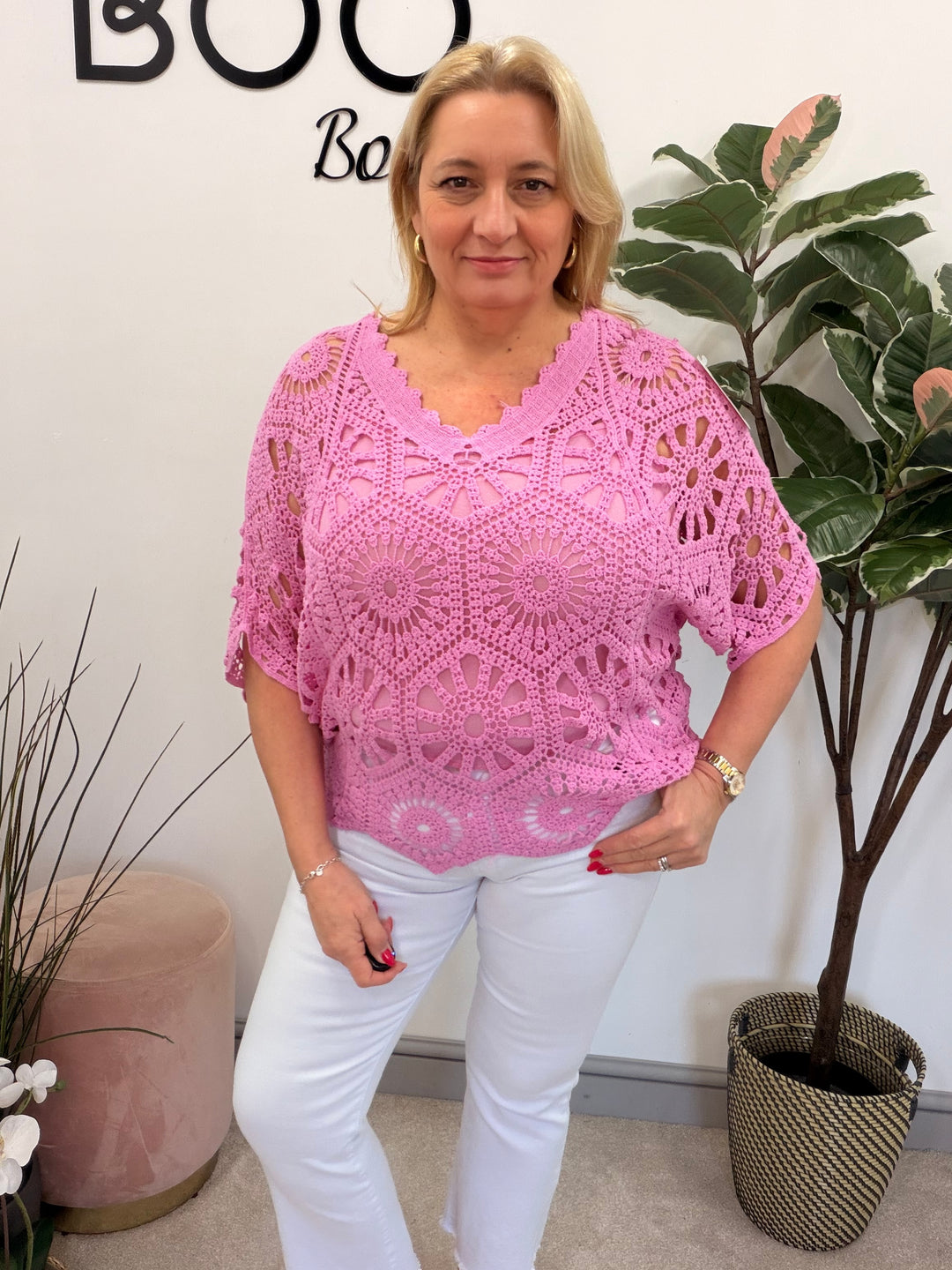 Ladies Fashion Crochet Open Knit Top deep pink