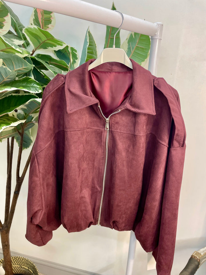 LADIES FASHION FAUX SUEDE BOMBER JACKET - BLACK, BEIGE, BROWN & BURGUNDY WINE