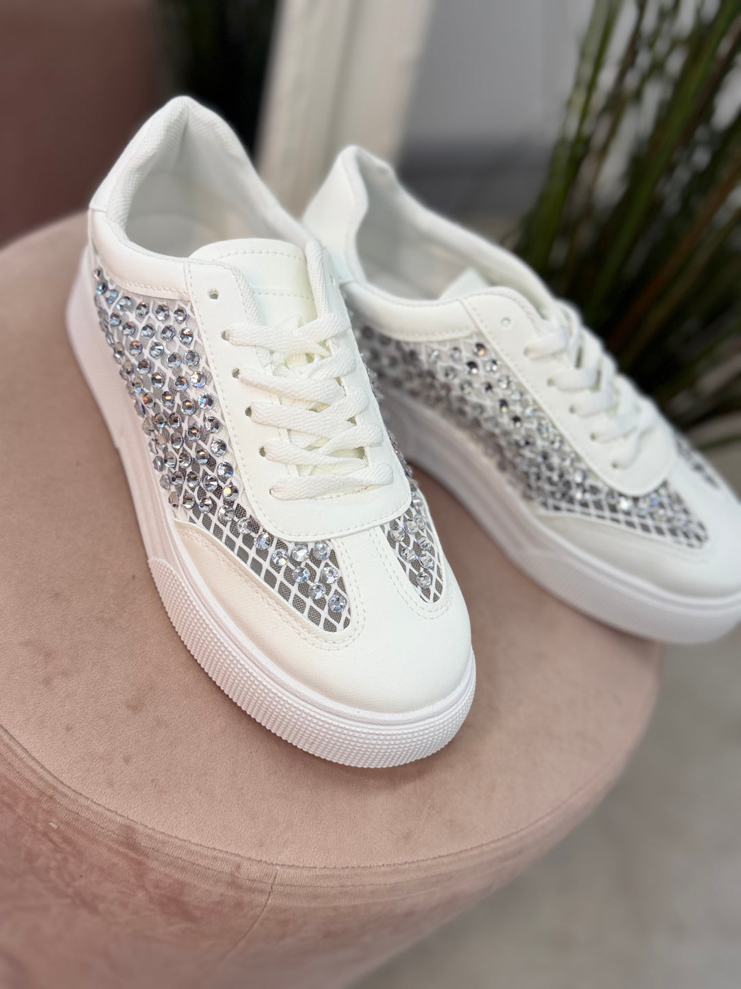 Ladies Fashion White Crystal Diamante Embellished Trainers