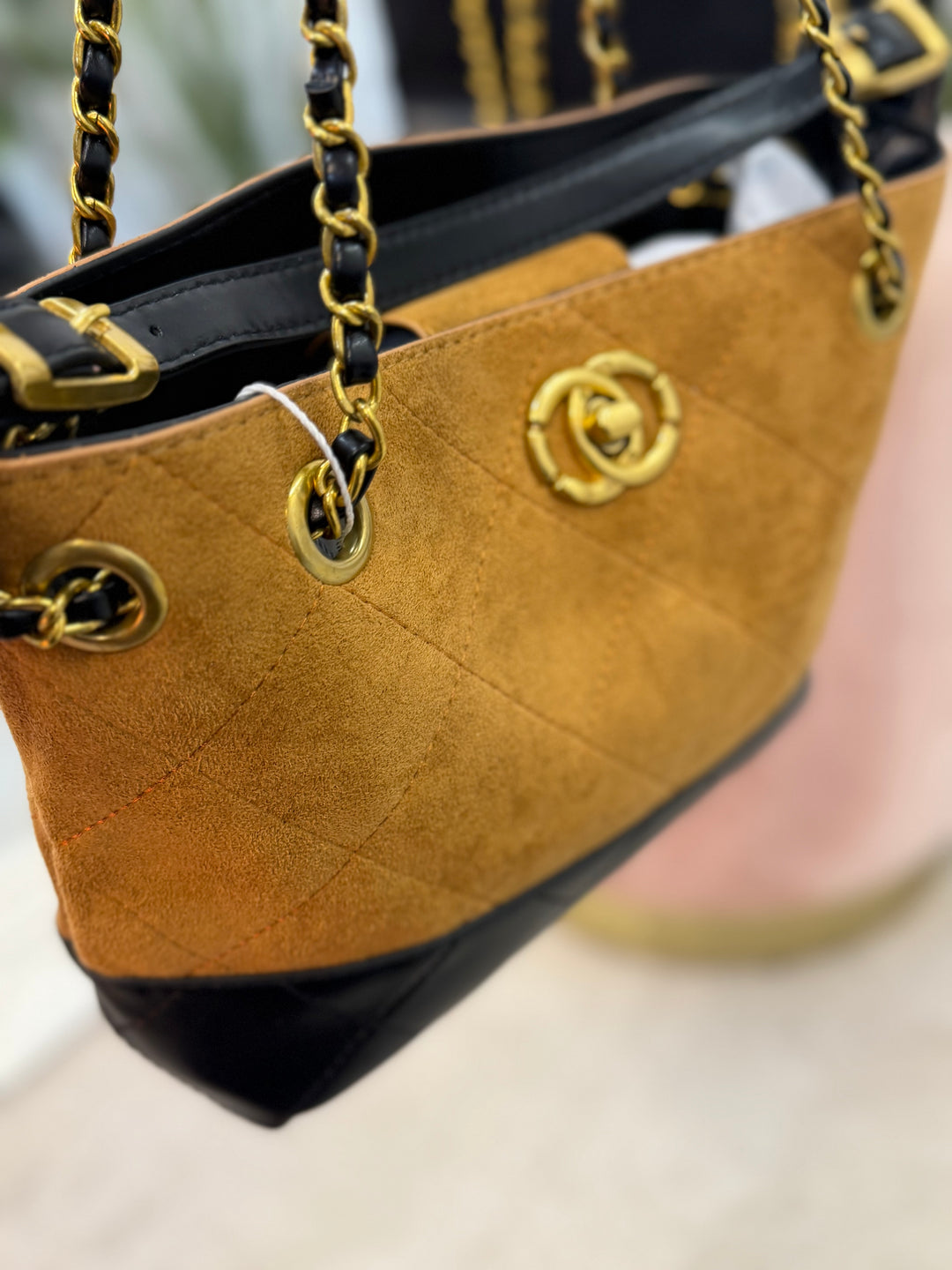 Ladies Fashion Inspired Faux Suede Handbag - black & camel