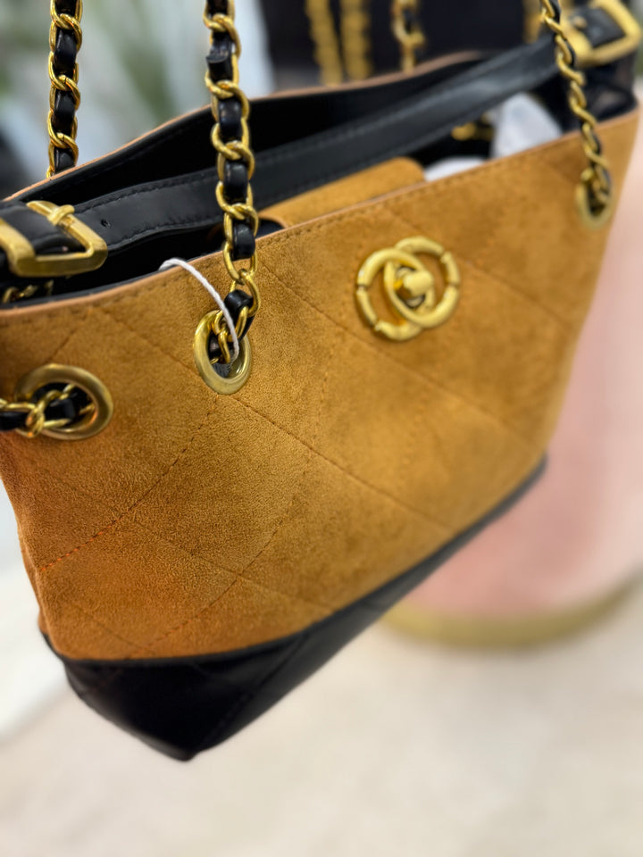 Ladies Fashion Inspired Faux Suede Handbag - black & camel
