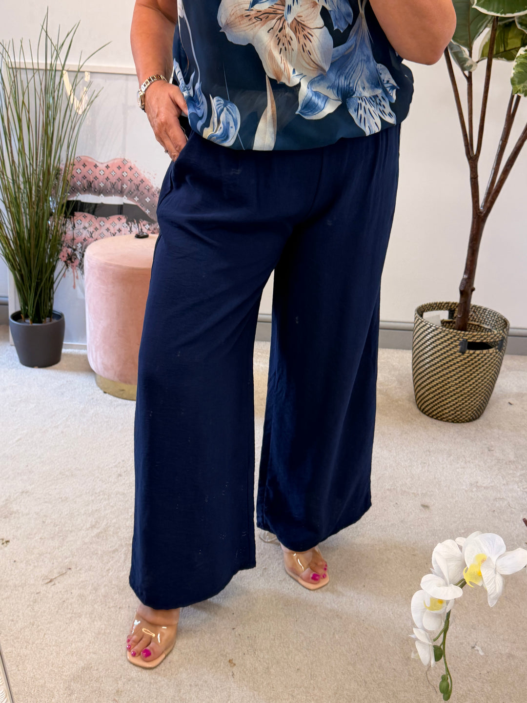 Ladies Fashion Wide Leg Trousers navy