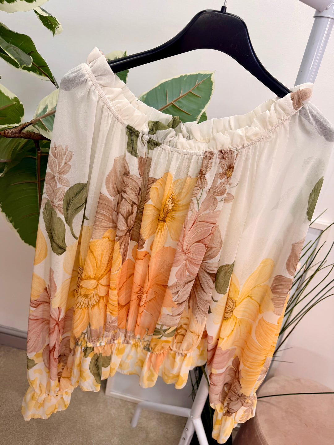 Ladies Fashion Flower Print Bardot Top Blouse - Pink, Lemon, Green & Blue