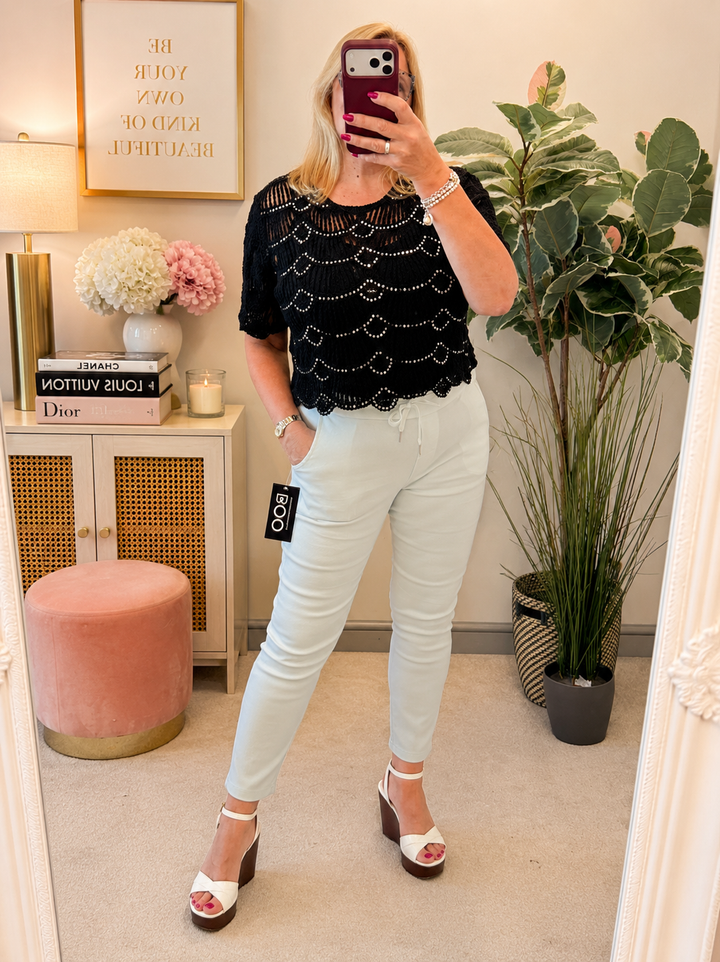 Ladies Sparkly Crochet Bolero Top - Black & White