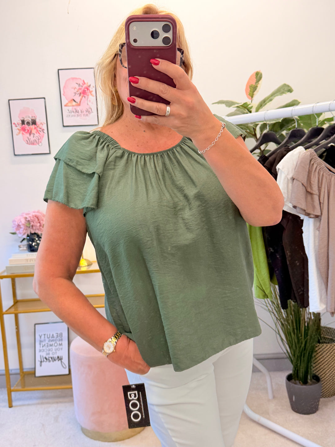 Ladies Short Sleeve Bardot Top - Lime, Black, White, Khaki, Brown, Mocha
