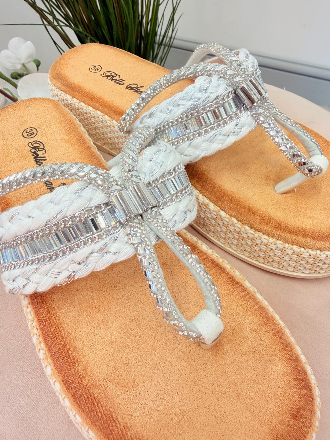 Ladies White & Silver Sparkly Summer Flatform Slider Sandals