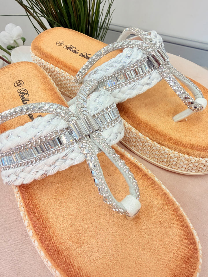 Ladies White & Silver Sparkly Summer Flatform Slider Sandals