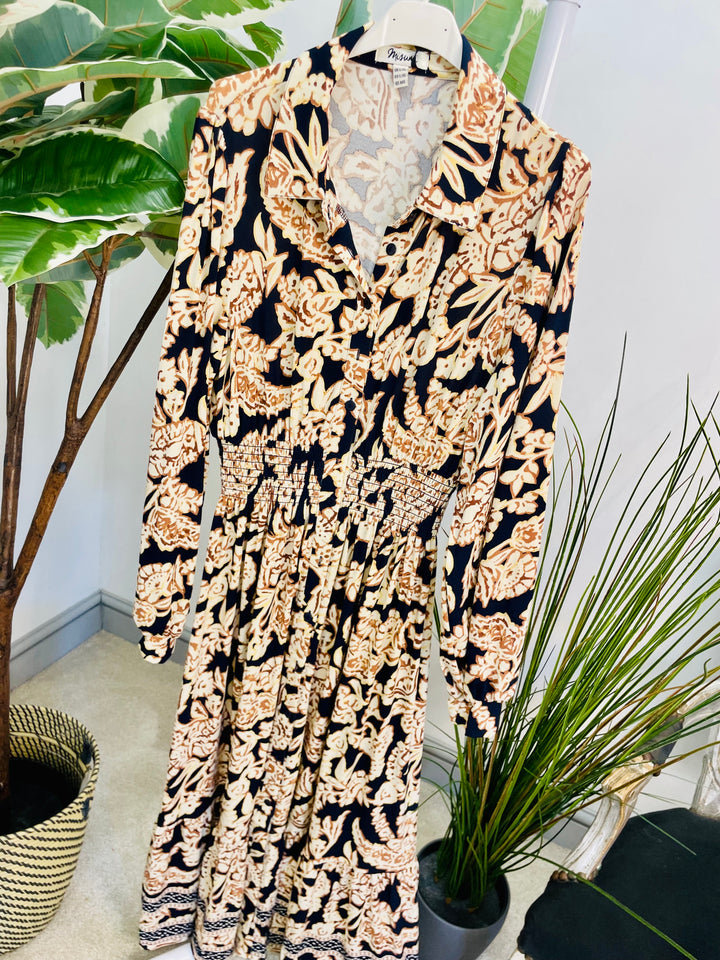 LADIES NAVY PAISLEY PRINT SHIRT AUTUMN MAXI DRESS