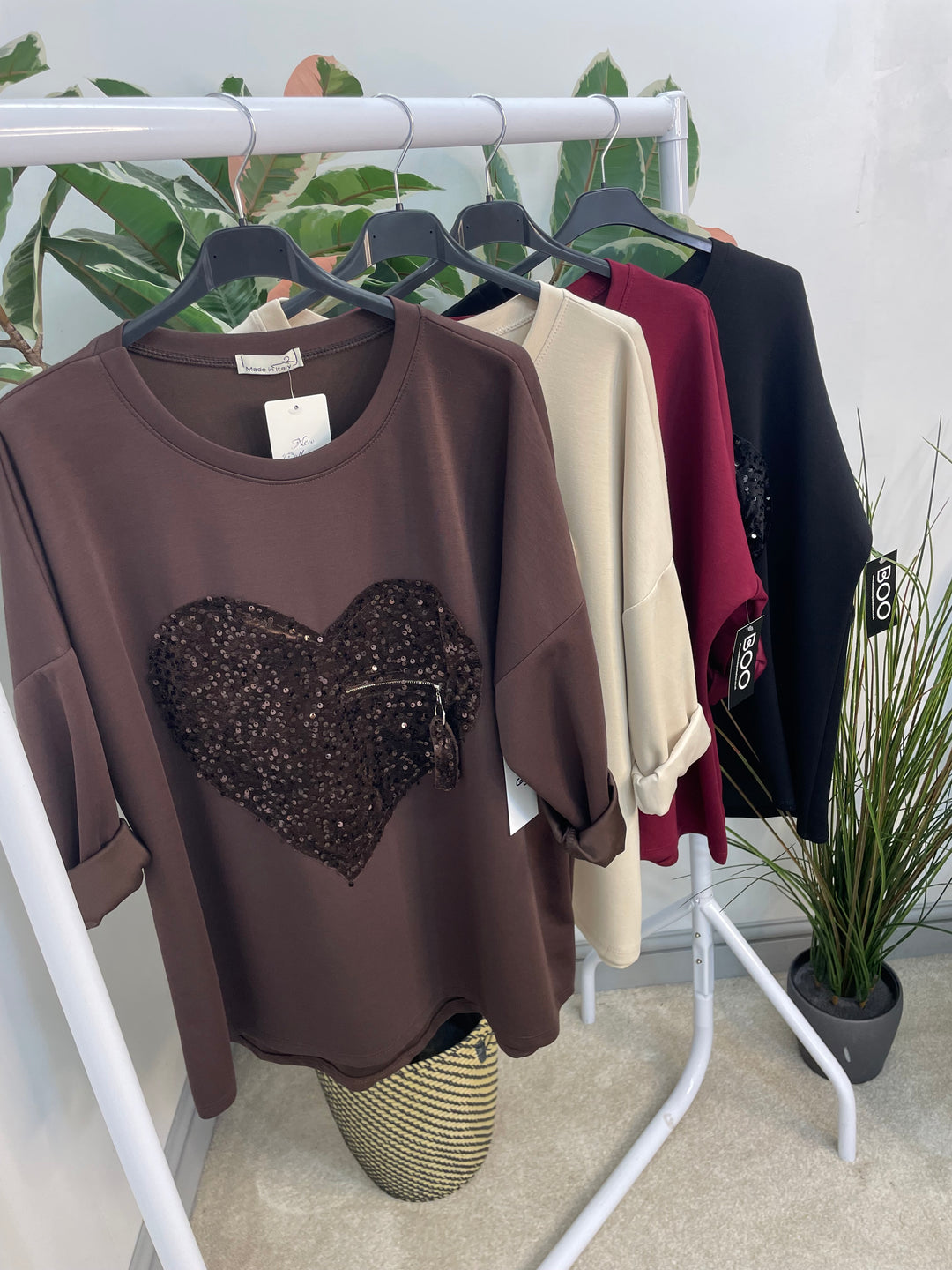 LADIES SCUBA SEQUIN HEART SWEATSHIRT TOP - BURGUNDY, BLACK, BROWN, BEIGE