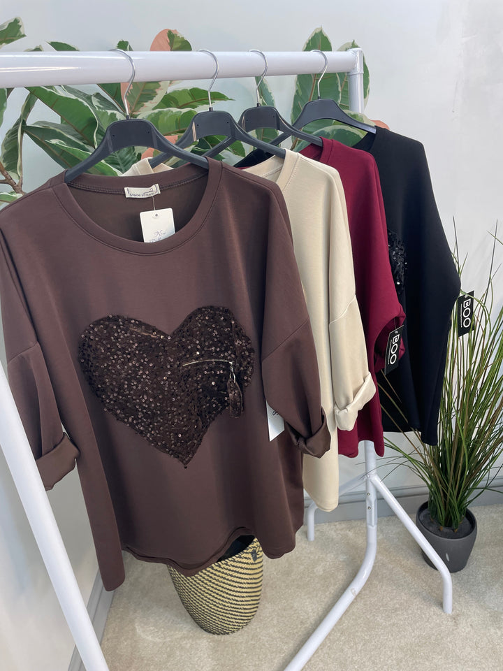 LADIES SCUBA SEQUIN HEART SWEATSHIRT TOP - BURGUNDY, BLACK, BROWN, BEIGE