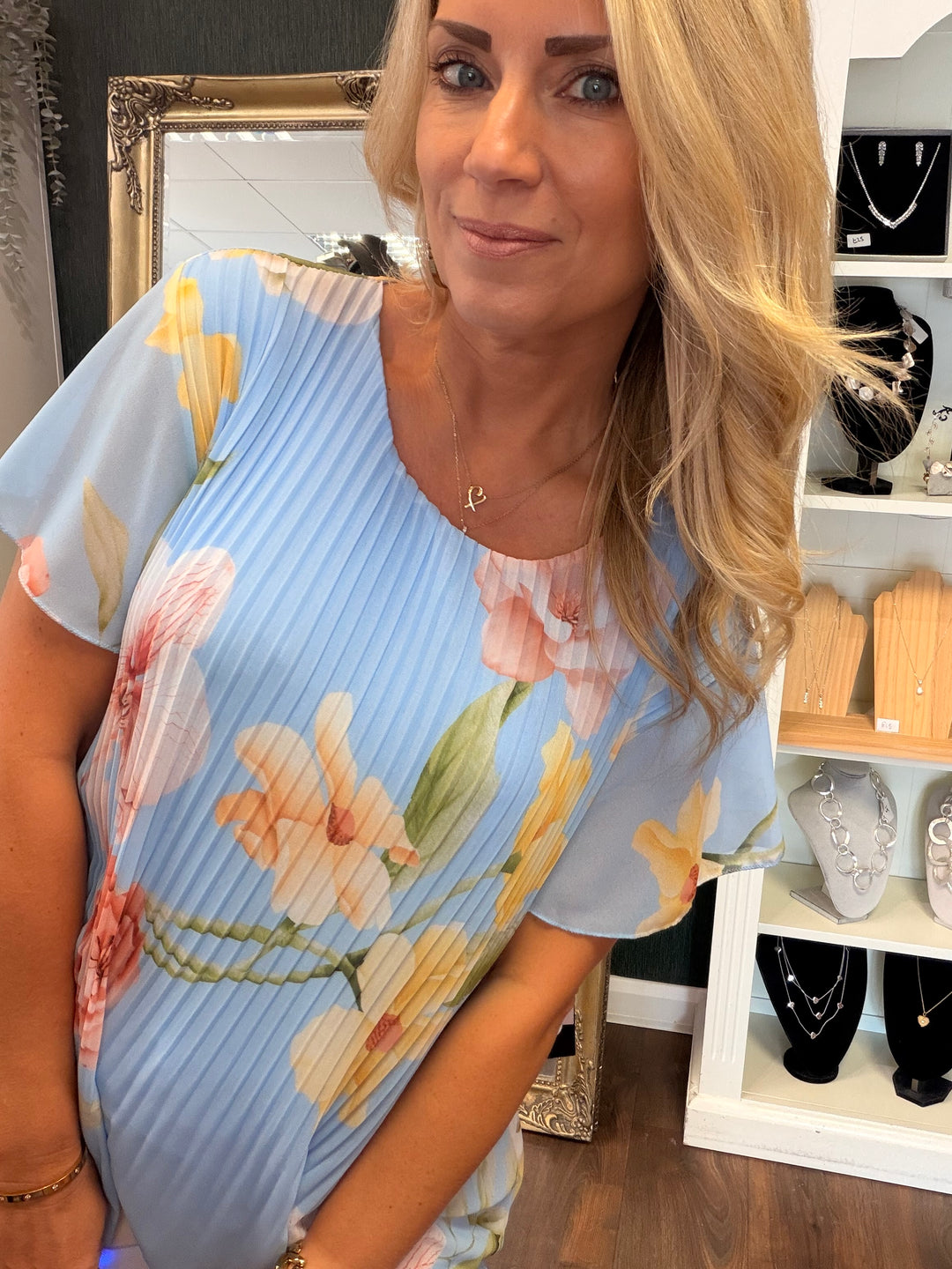 Ladies Pleated Floral Print Chiffon Top - Black, Cream, Blue, Lemon, Pink, Navy, Brown
