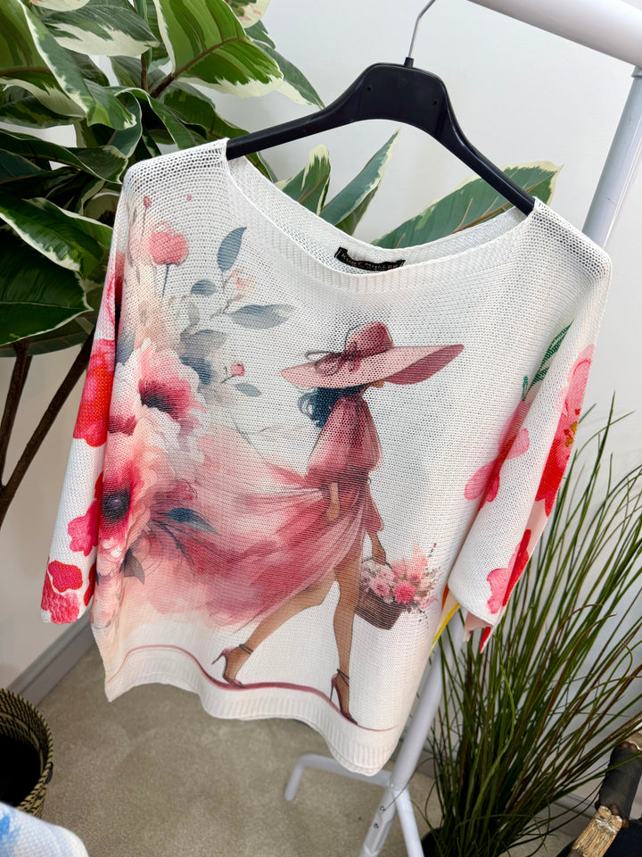 LADIES FASHION WHITE BATWING JUMPER - PINK & BLUE