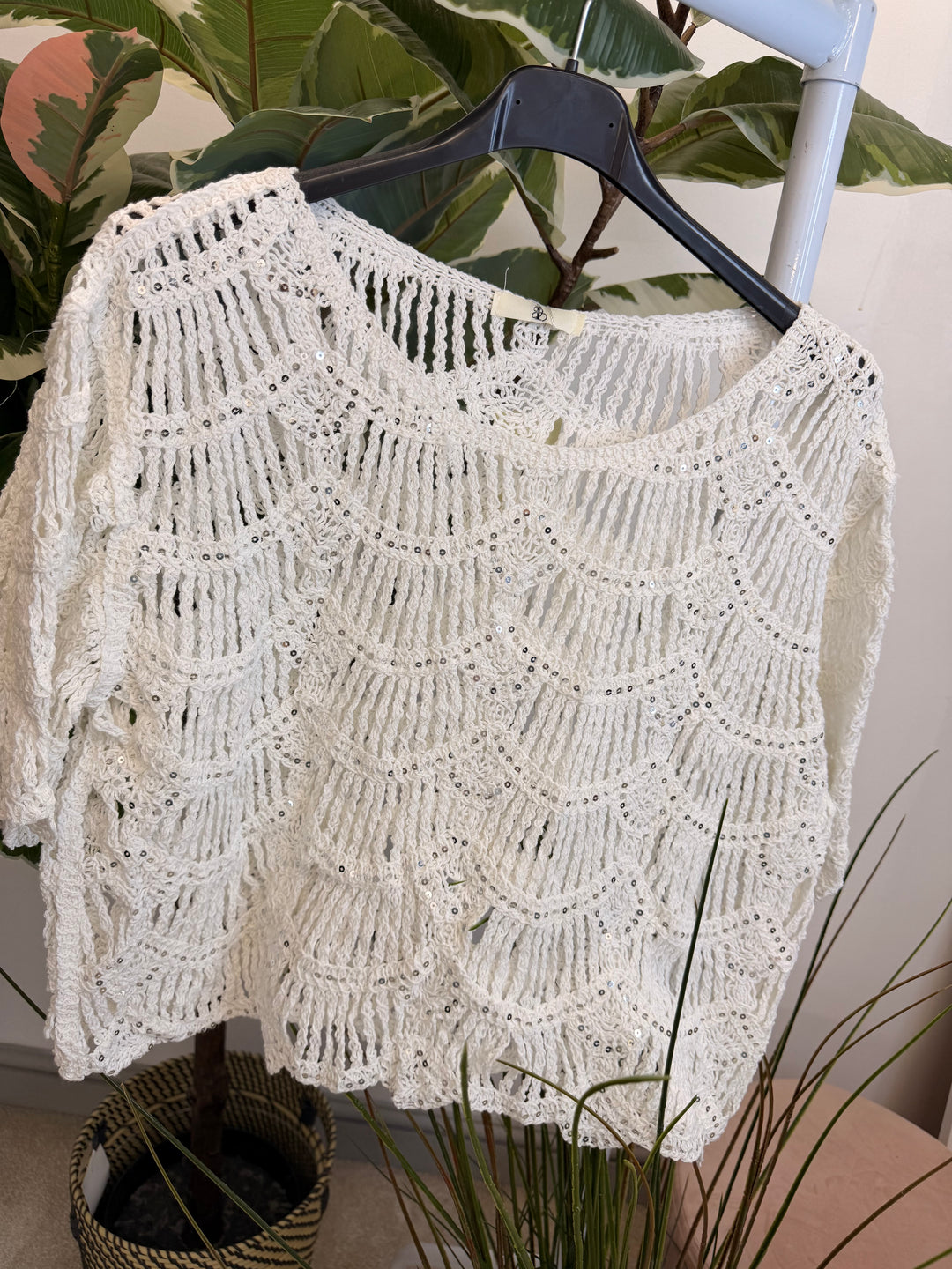 Ladies Sparkly Crochet Bolero Top - Black & White