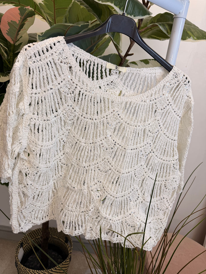Ladies Sparkly Crochet Bolero Top - Black & White