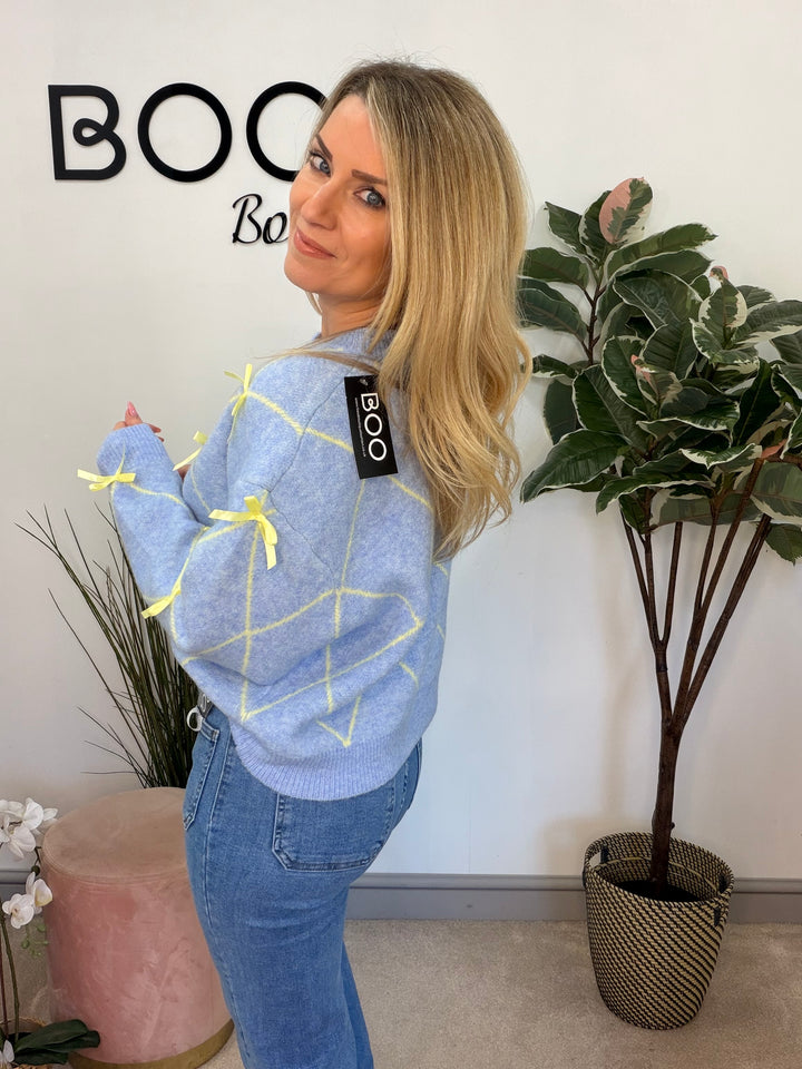 Ladies Fashion Soft Knit Satin Bow Cardigan - blue & pink