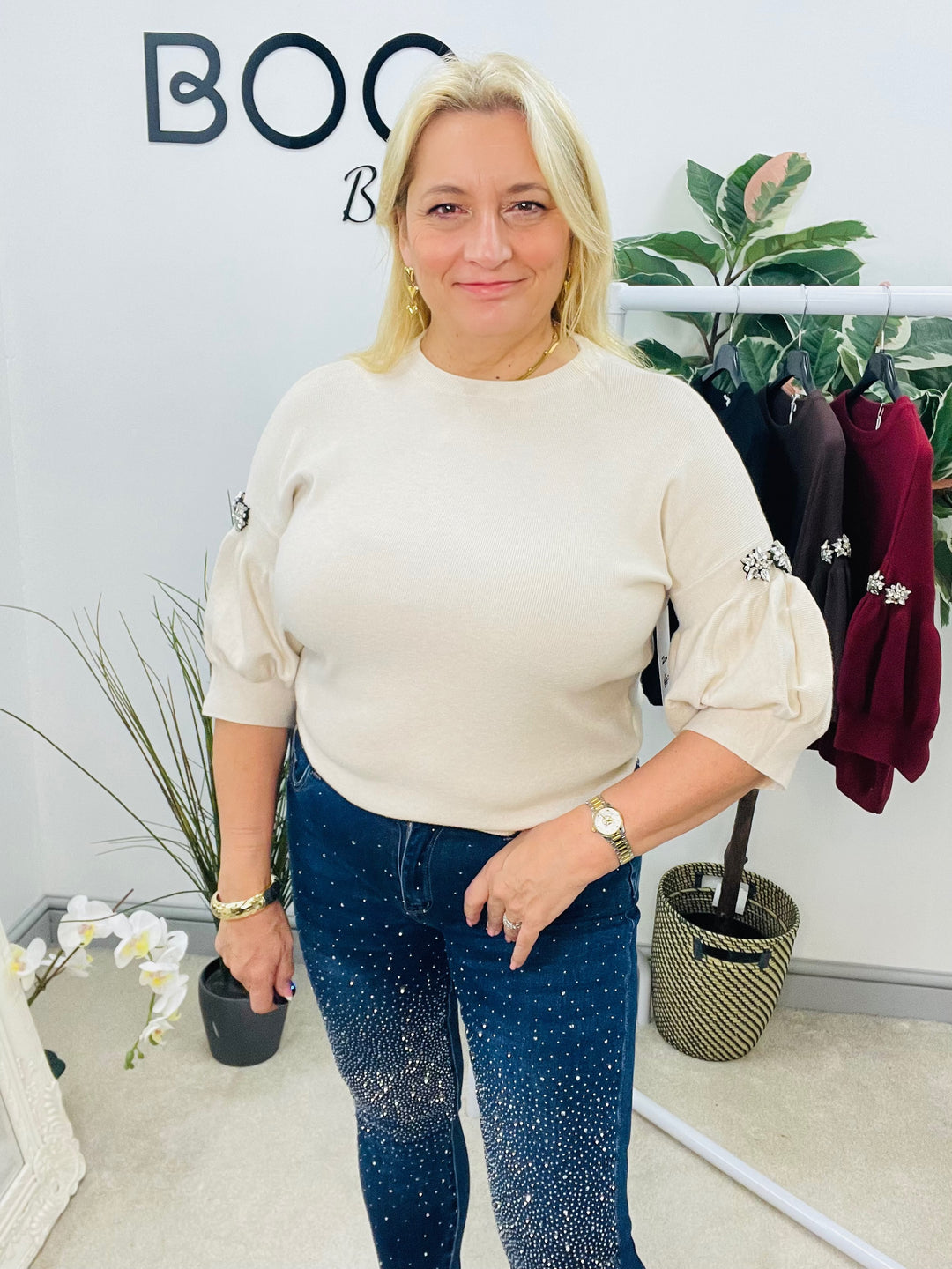 LADIES SOFT KNIT PUFF SLEEVE DIAMANTE JUMPER - BLACK, BURGUNDY, BEIGE & BROWN