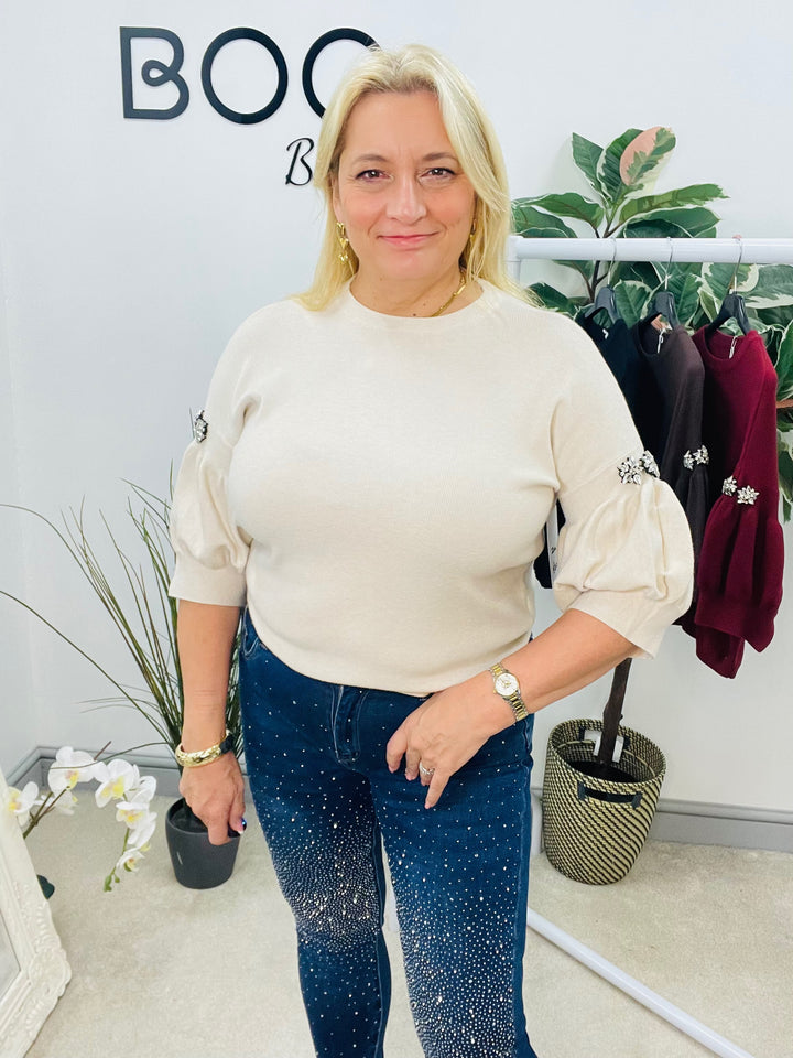 LADIES SOFT KNIT PUFF SLEEVE DIAMANTE JUMPER - BLACK, BURGUNDY, BEIGE & BROWN