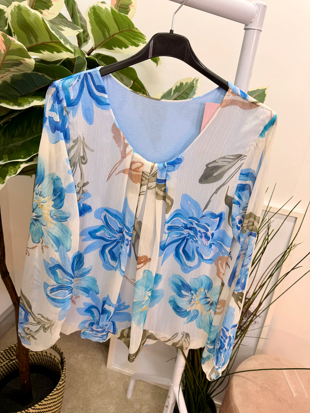 Ladies Fashion Flower Chiffon Blouse Top - Pink, Navy & Blue