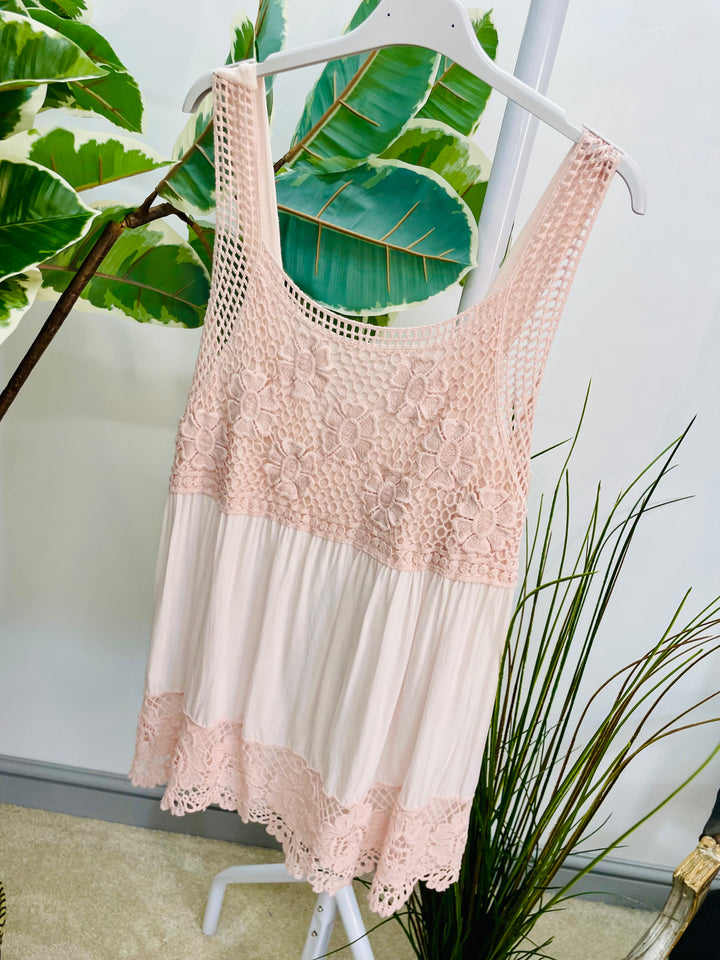 LADIES CROCHET & LACE SUMMER CAMI TOP - WHITE, LEMON, BLUE, PINK, KHAKI, BLACK
