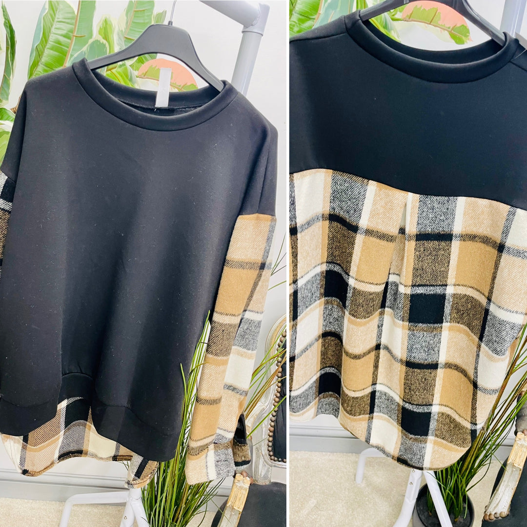 LADIES CHECK SWEATSHIRT TOP - BLACK & MOCHA