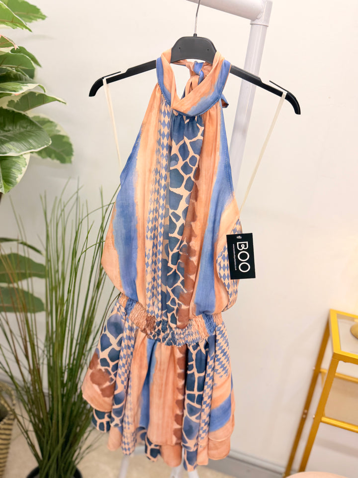 Ladies Animal Print Halter Neck Playsuit - Blue & Black