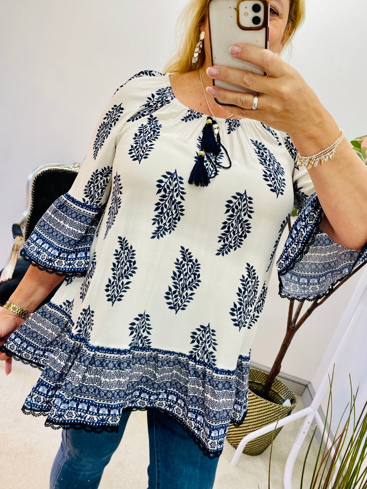 LADIES WOMENS NAVY & WHITE PAISLEY PRINT SMOCK SUMMER HOLIDAY TOP BLOUSE