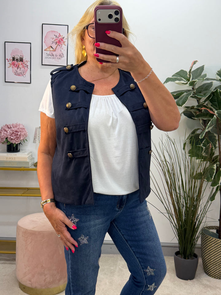 Ladies Fashion Faux Suede Military Waistcoat - Black, Navy, Beige & Wine