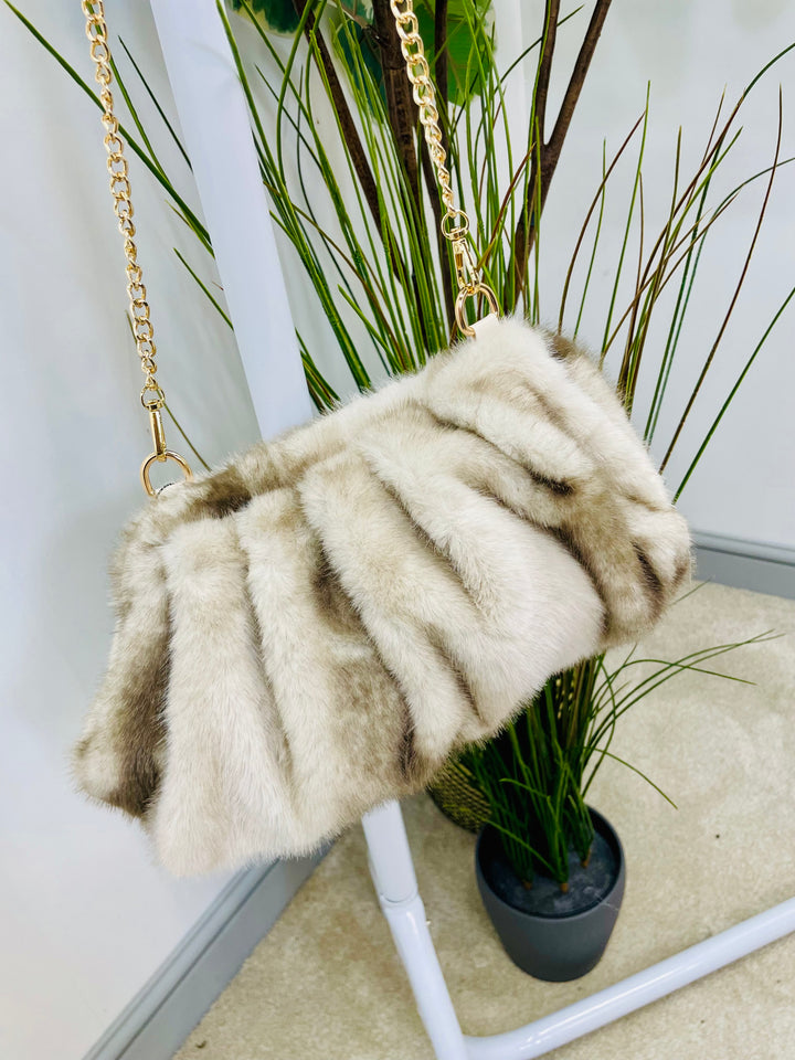 LADIES FAUX FUR SHOULDER HANG BAG - CREAM AND MINK