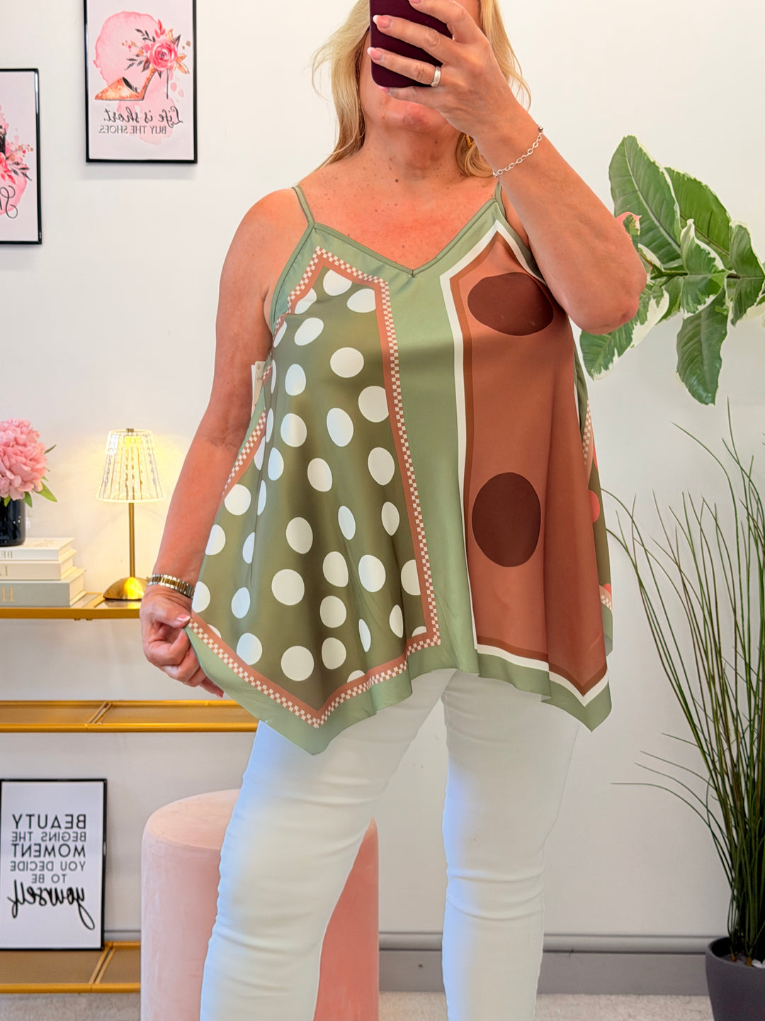 Satin Polka Dot Hankerchief Top - Pink, Khaki, Blue, Lemon