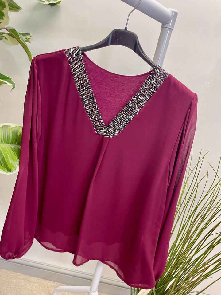 LADIES CHIFFON FLOATY SEQUIN PARTY TOP - BROWN, BLACK, BERRY