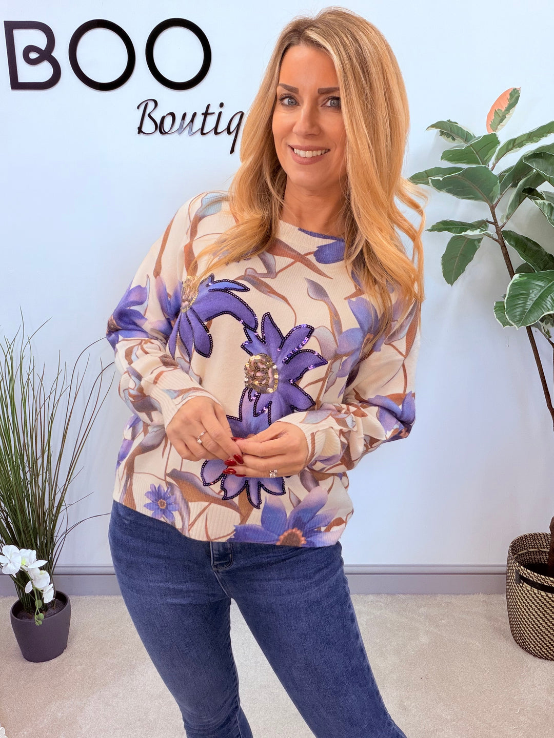 LADIES CREAM & PURPLE SEQUIN FLOWER JUMPER