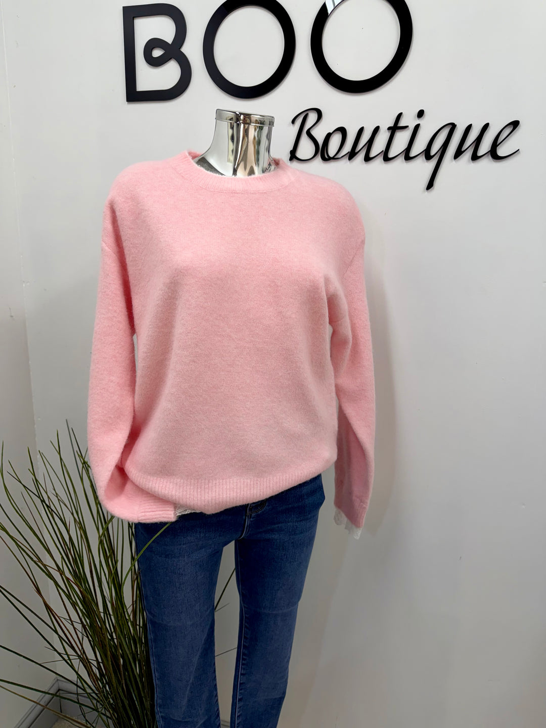 LADIES SOFT KNIT LACE CUFF JUMPER - BLUE, PINK & BEIGE