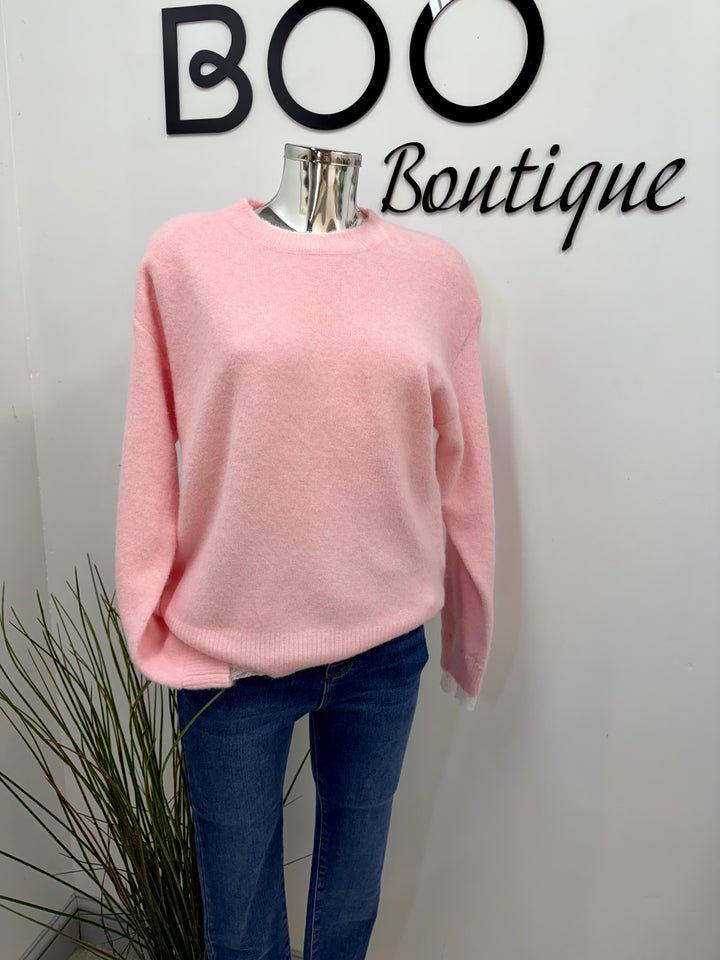LADIES SOFT KNIT LACE CUFF JUMPER - BLUE, PINK & BEIGE