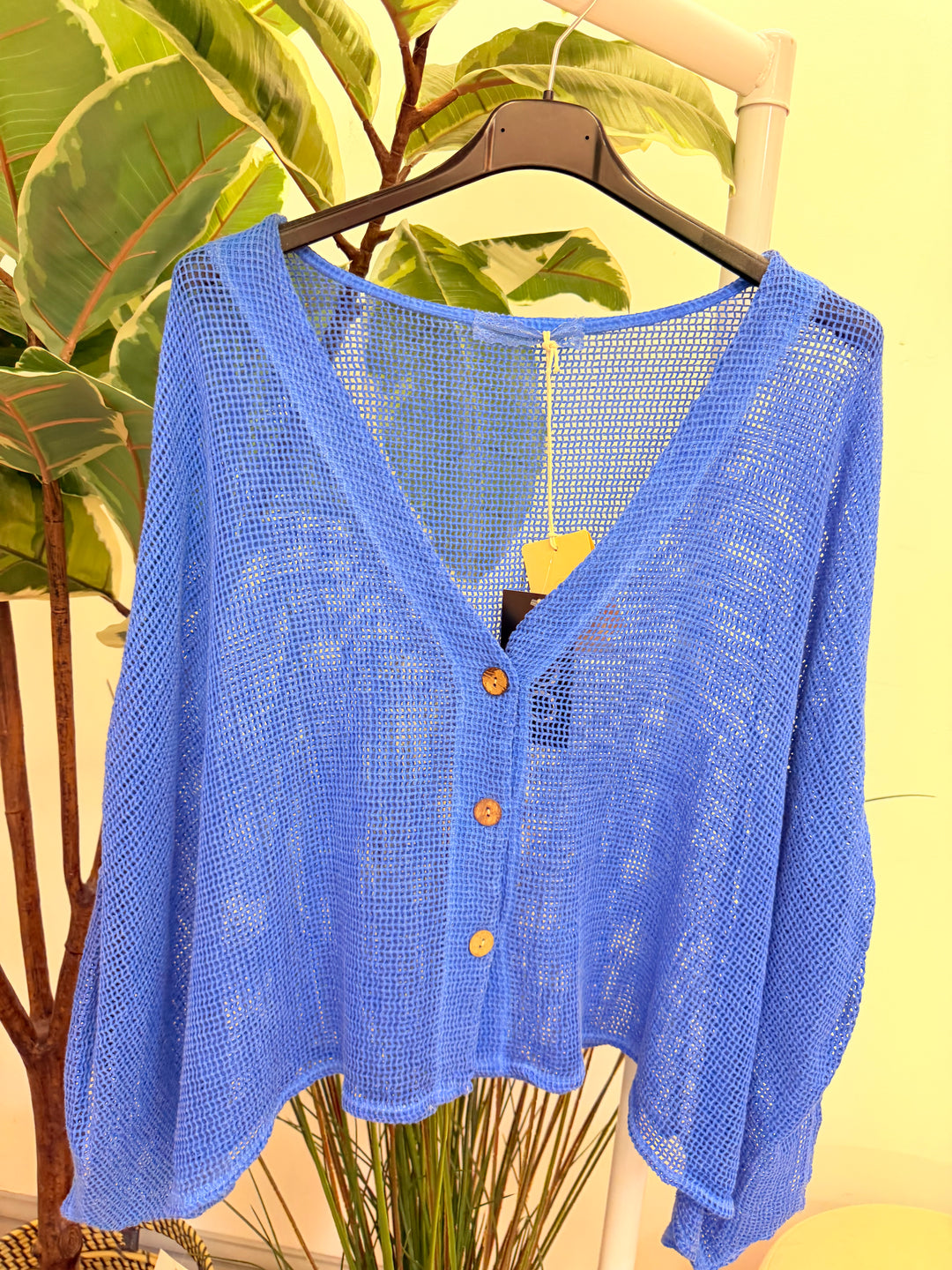 Ladies Fashion Tea Bag Linen Mesh Top Cardigan - Blue, Black, White, Lime & Pink