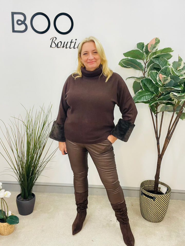 LADIES KNITTED FAUX FUR CUFF JUMPER - BURGUNDY, GREY, BLACK, BROWN, BEIGE, CAMEL
