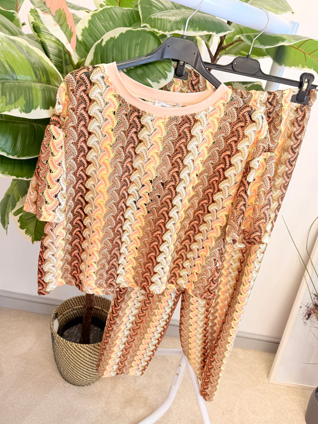 Ladies Crochet Zig Zag Trouser Co Ord Set - Red, Rust, Black